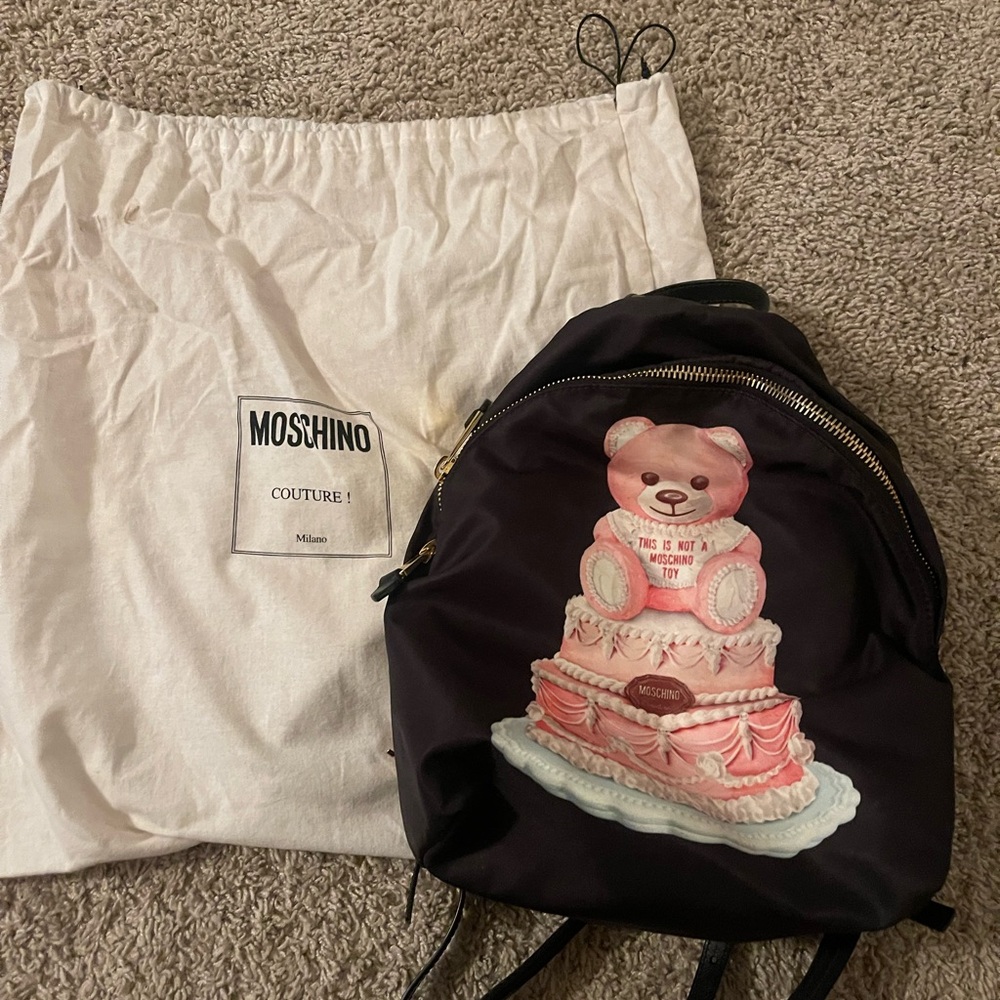 Moschino printed shell backpack with pink teddy on cake print